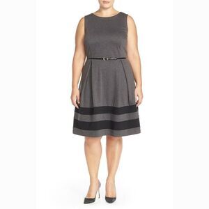 New! CALVIN KLEIN Women's Plus Size Belted Striped-Hem Ponte Dress Size 14W Gray